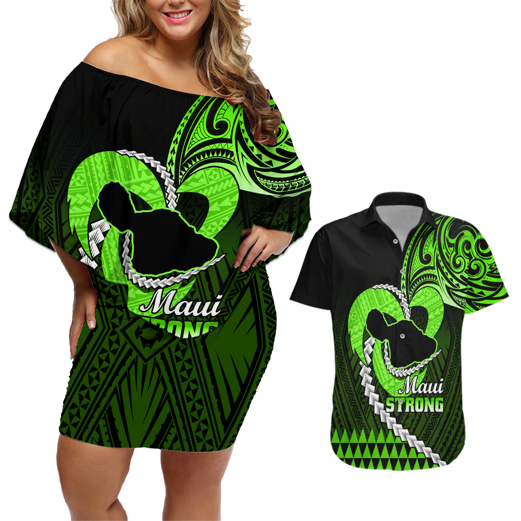 Personalised Hawaii Couples Matching Off Shoulder Short Dress and Hawaiian Shirt Maui Be Strong Kakau Green Version LT01 Green - Polynesian Pride