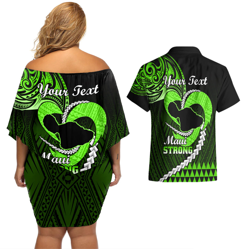 Personalised Hawaii Couples Matching Off Shoulder Short Dress and Hawaiian Shirt Maui Be Strong Kakau Green Version LT01 - Polynesian Pride