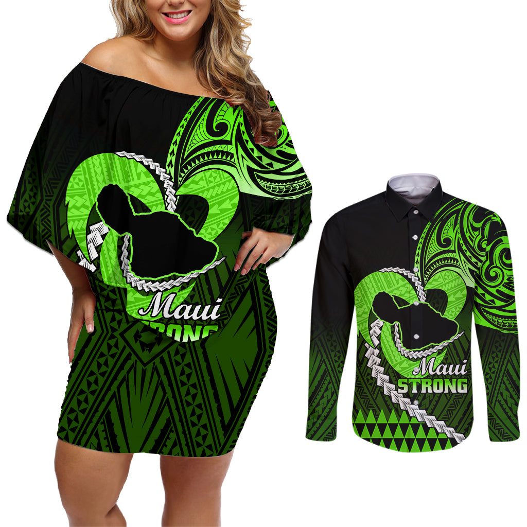 Personalised Hawaii Couples Matching Off Shoulder Short Dress and Long Sleeve Button Shirts Maui Be Strong Kakau Green Version LT01 Green - Polynesian Pride