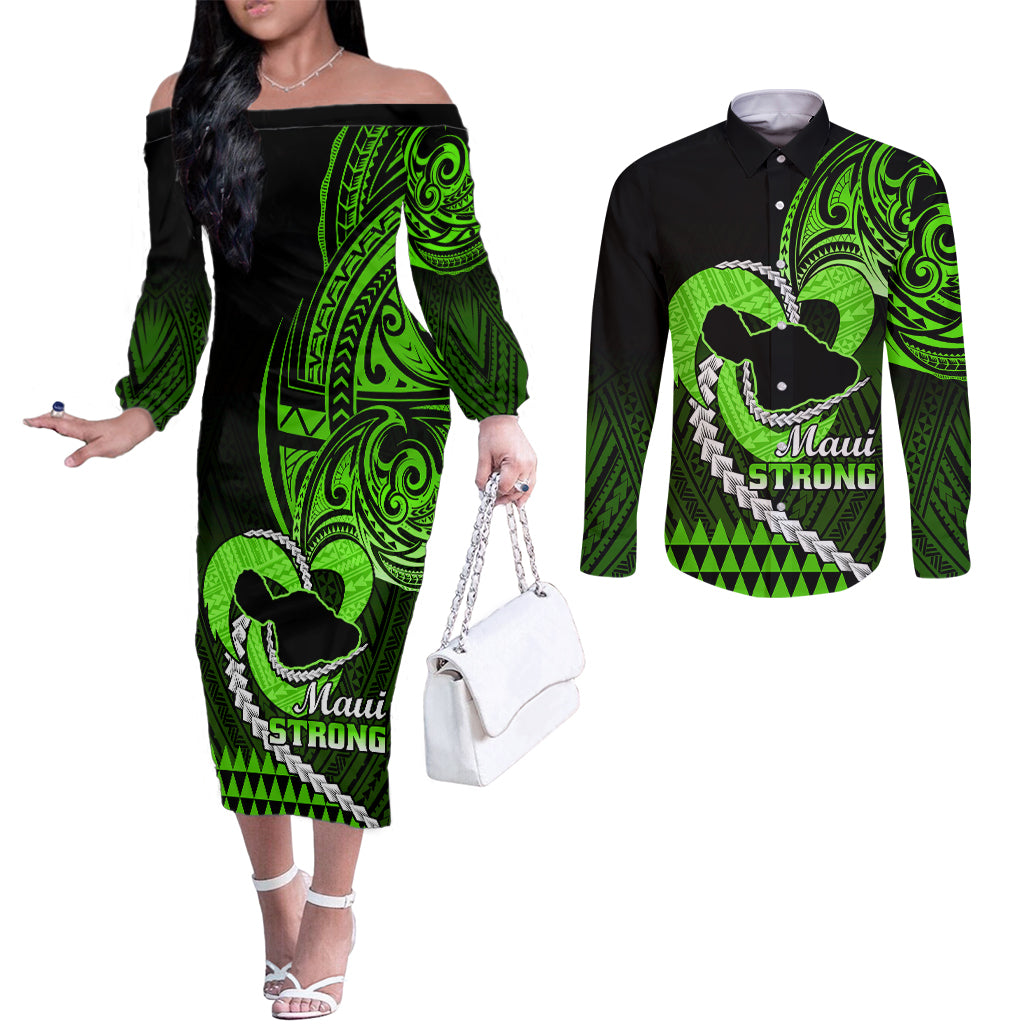 Personalised Hawaii Couples Matching Off The Shoulder Long Sleeve Dress and Long Sleeve Button Shirts Maui Be Strong Kakau Green Version LT01 Green - Polynesian Pride