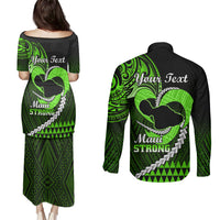 Personalised Hawaii Couples Matching Puletasi Dress and Long Sleeve Button Shirts Maui Be Strong Kakau Green Version LT01 - Polynesian Pride
