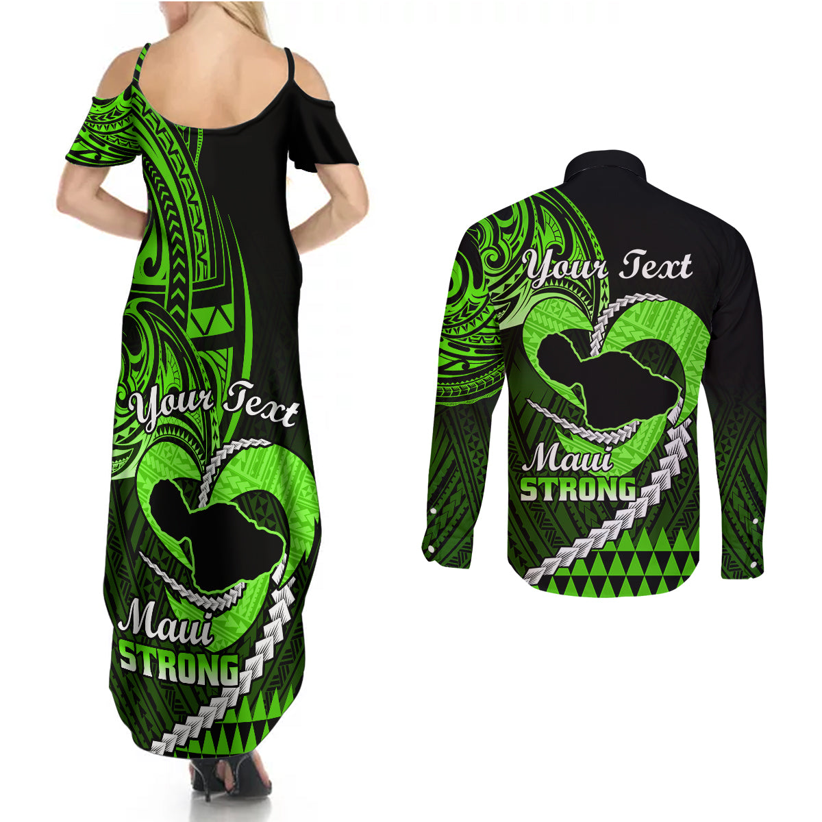 Personalised Hawaii Couples Matching Summer Maxi Dress and Long Sleeve Button Shirts Maui Be Strong Kakau Green Version LT01 - Polynesian Pride