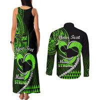 Personalised Hawaii Couples Matching Tank Maxi Dress and Long Sleeve Button Shirts Maui Be Strong Kakau Green Version LT01 - Polynesian Pride