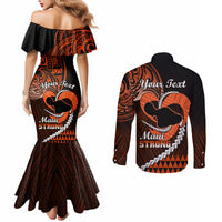 Personalised Hawaii Couples Matching Mermaid Dress and Long Sleeve Button Shirts Maui Be Strong Kakau Orange Version LT01 - Polynesian Pride