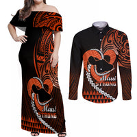 Personalised Hawaii Couples Matching Off Shoulder Maxi Dress and Long Sleeve Button Shirts Maui Be Strong Kakau Orange Version LT01 Orange - Polynesian Pride