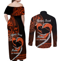 Personalised Hawaii Couples Matching Off Shoulder Maxi Dress and Long Sleeve Button Shirts Maui Be Strong Kakau Orange Version LT01 - Polynesian Pride