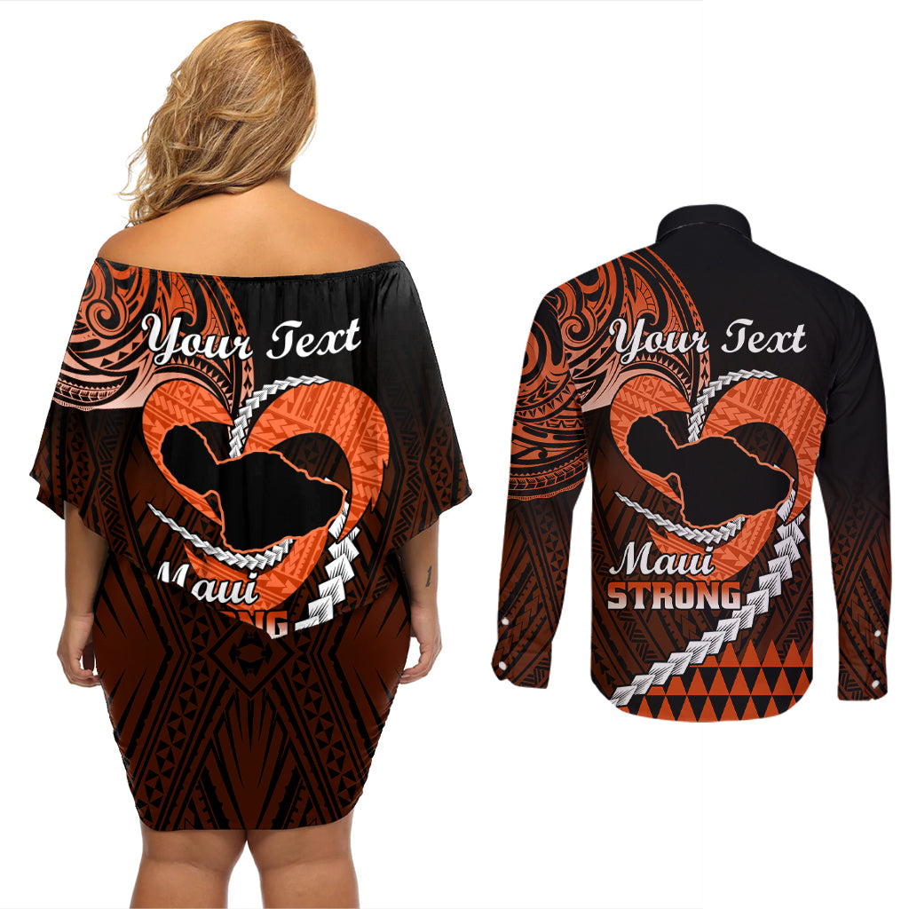 Personalised Hawaii Couples Matching Off Shoulder Short Dress and Long Sleeve Button Shirts Maui Be Strong Kakau Orange Version LT01 - Polynesian Pride
