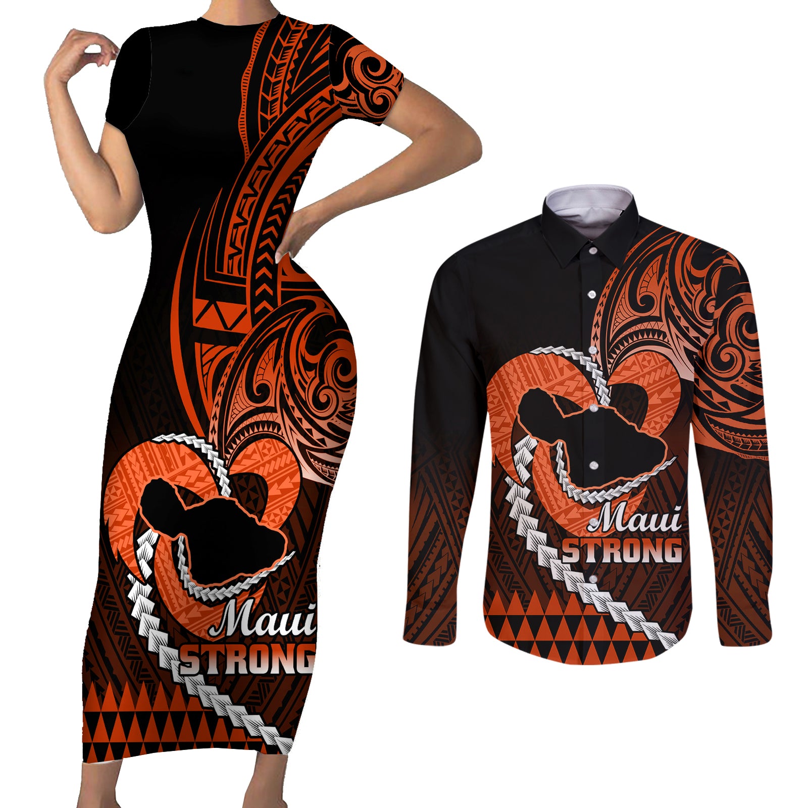Personalised Hawaii Couples Matching Short Sleeve Bodycon Dress and Long Sleeve Button Shirts Maui Be Strong Kakau Orange Version LT01 Orange - Polynesian Pride
