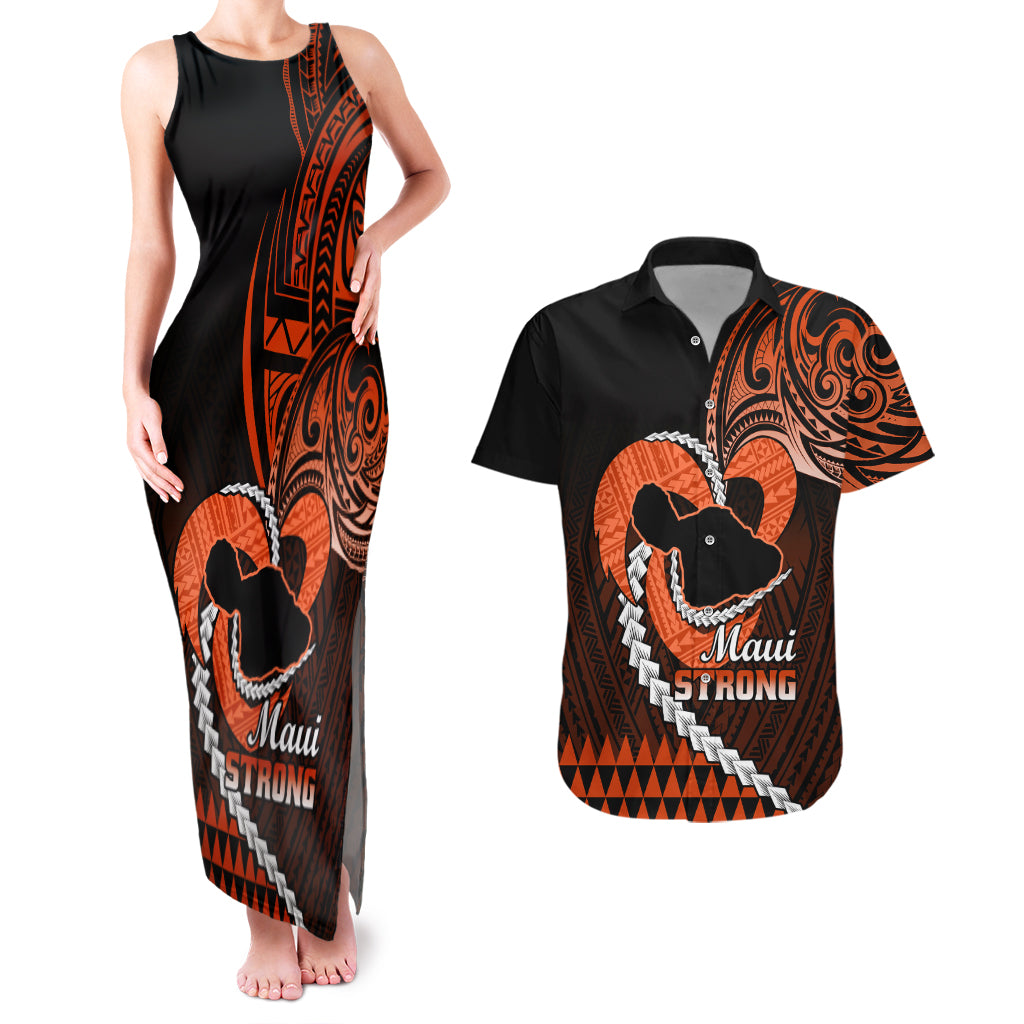 Personalised Hawaii Couples Matching Tank Maxi Dress and Hawaiian Shirt Maui Be Strong Kakau Orange Version LT01 Orange - Polynesian Pride