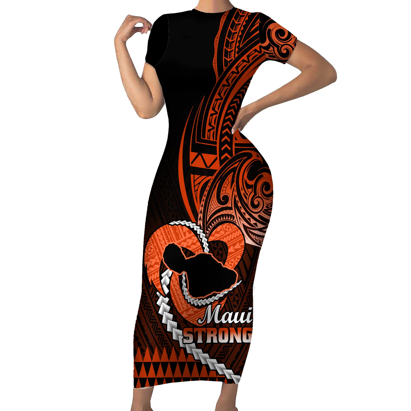 Personalised Hawaii Short Sleeve Bodycon Dress Maui Be Strong Kakau Orange Version LT01 Long Dress Orange - Polynesian Pride