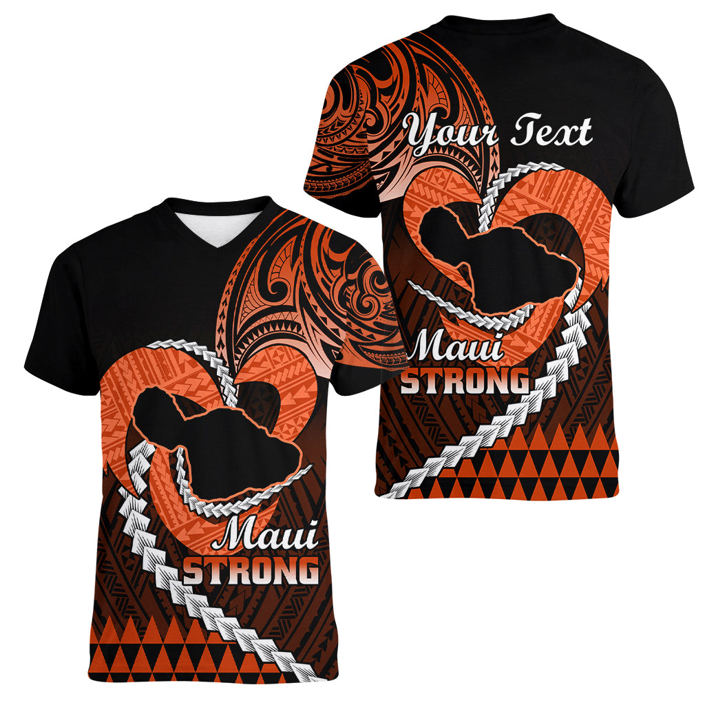 Personalised Hawaii Women V Neck T Shirt Maui Be Strong Kakau Orange Version LT01 - Polynesian Pride