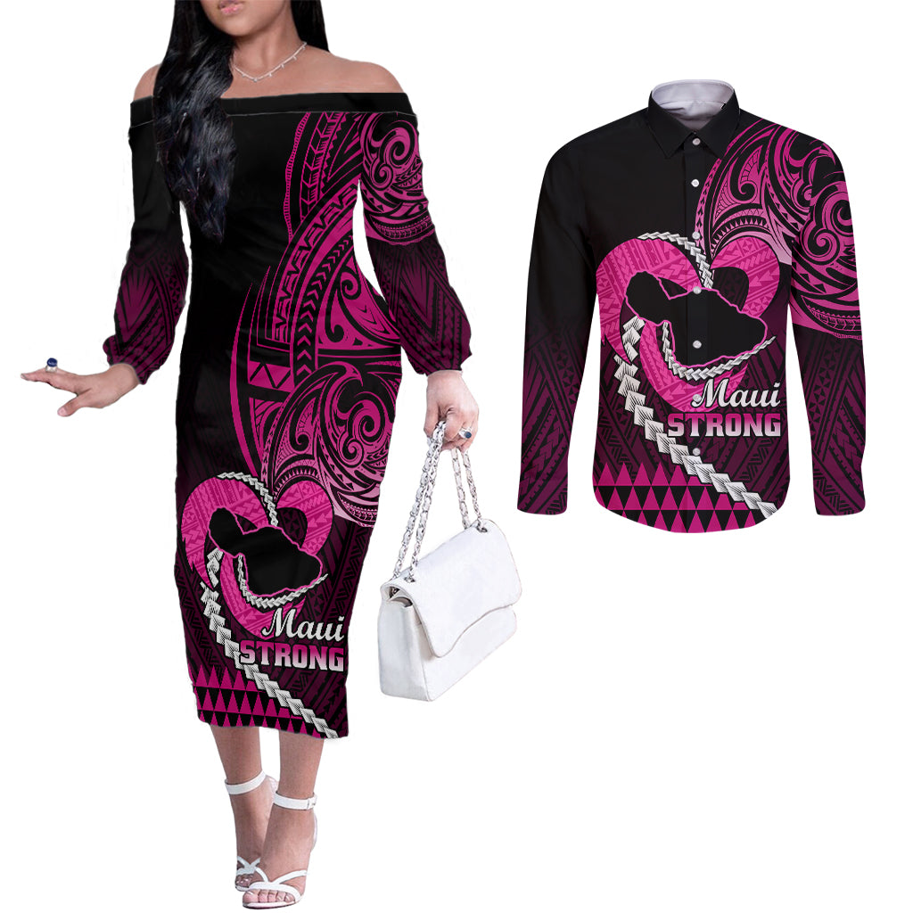 Personalised Hawaii Couples Matching Off The Shoulder Long Sleeve Dress and Long Sleeve Button Shirts Maui Be Strong Kakau Pink Version LT01 Pink - Polynesian Pride