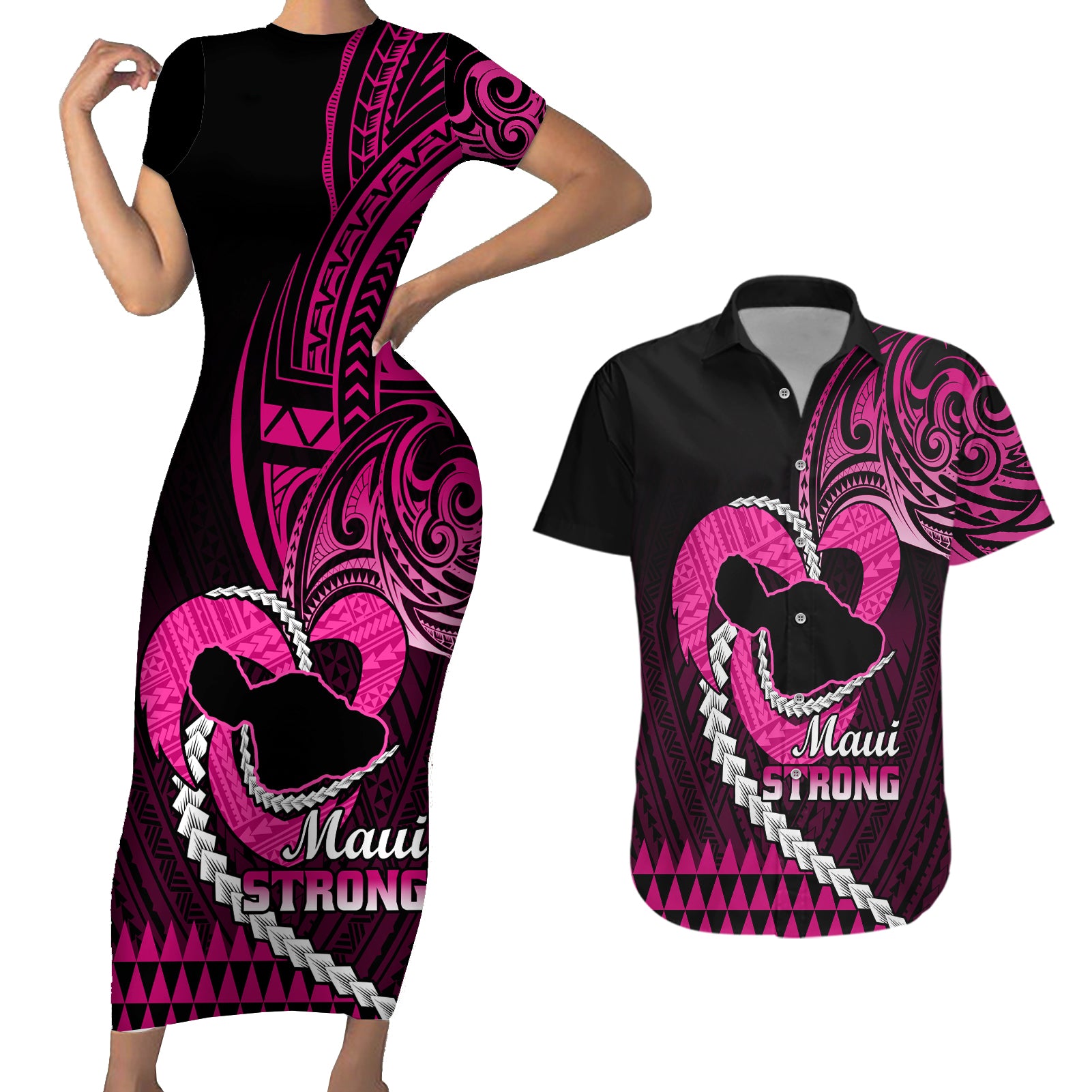 Personalised Hawaii Couples Matching Short Sleeve Bodycon Dress and Hawaiian Shirt Maui Be Strong Kakau Pink Version LT01 Pink - Polynesian Pride