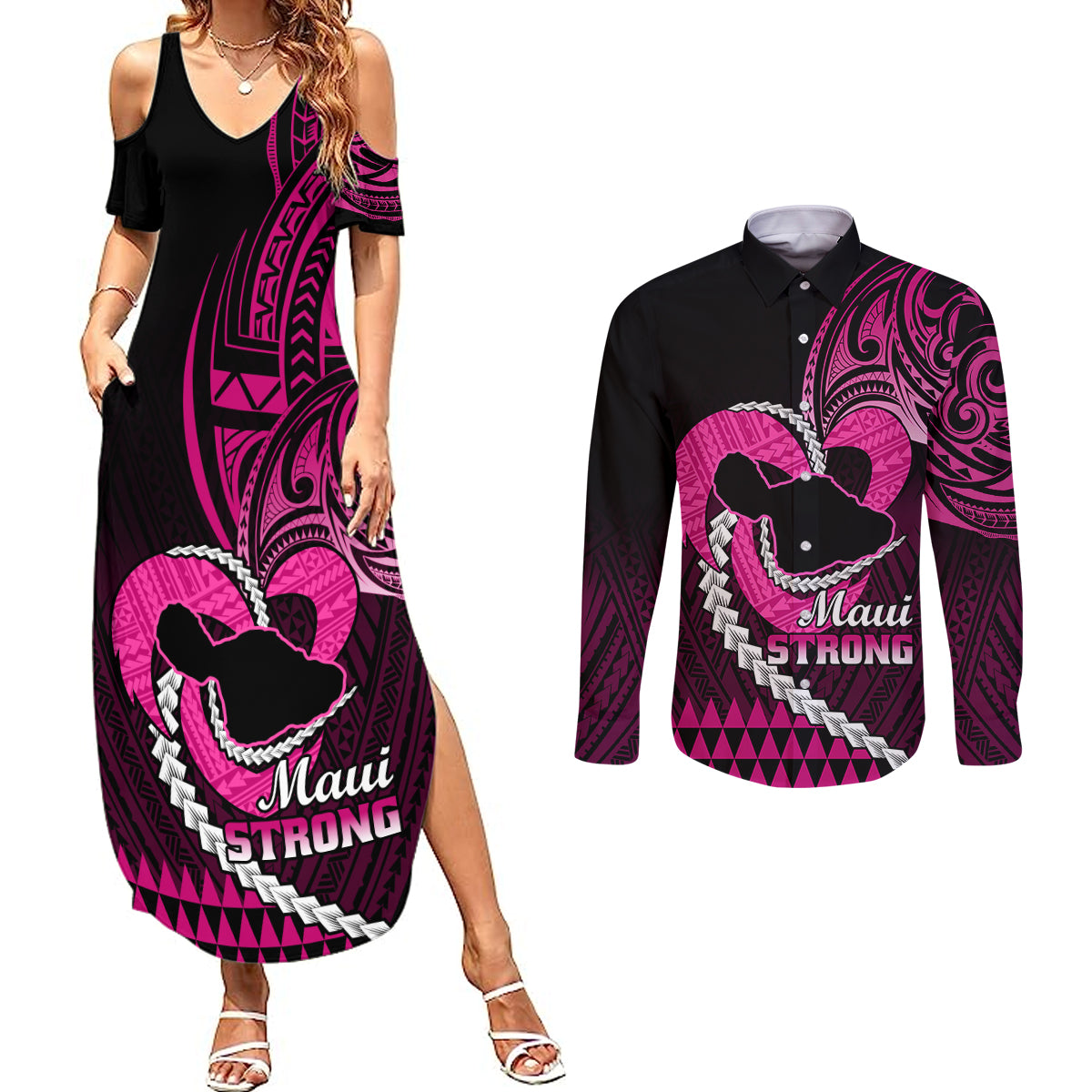 Personalised Hawaii Couples Matching Summer Maxi Dress and Long Sleeve Button Shirts Maui Be Strong Kakau Pink Version LT01 Pink - Polynesian Pride