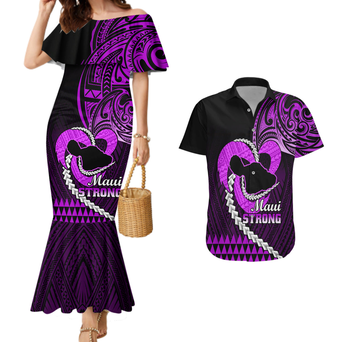 Personalised Hawaii Couples Matching Mermaid Dress and Hawaiian Shirt Maui Be Strong Kakau Purple Version LT01 Purple - Polynesian Pride