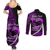 Personalised Hawaii Couples Matching Summer Maxi Dress and Long Sleeve Button Shirts Maui Be Strong Kakau Purple Version LT01 - Polynesian Pride