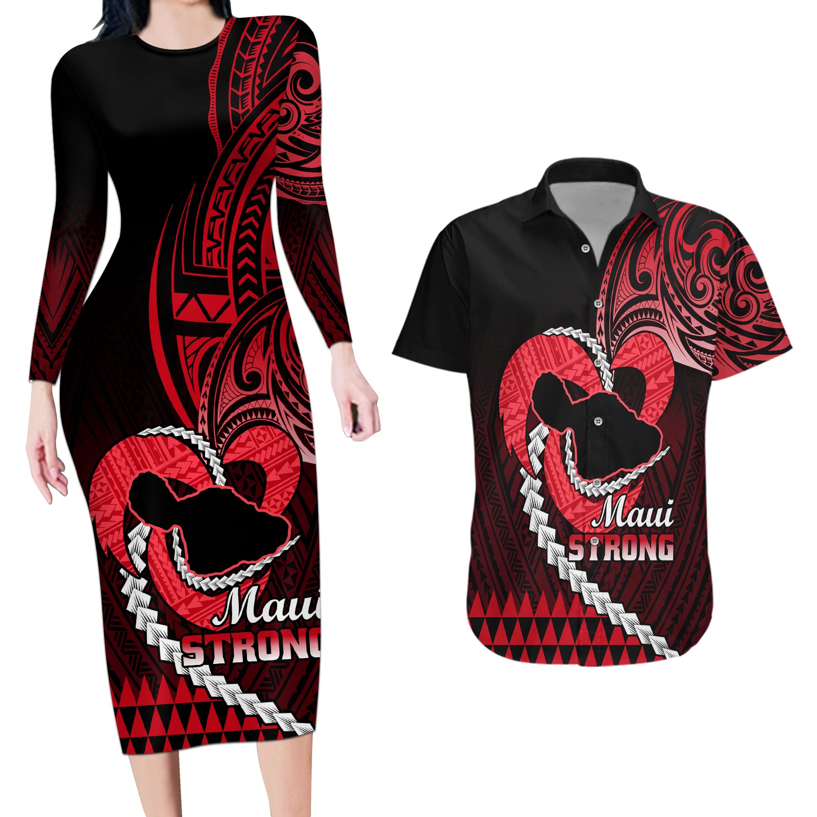 Personalised Hawaii Couples Matching Long Sleeve Bodycon Dress and Hawaiian Shirt Maui Be Strong Kakau Red Version LT01 Red - Polynesian Pride