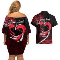 Personalised Hawaii Couples Matching Off Shoulder Short Dress and Hawaiian Shirt Maui Be Strong Kakau Red Version LT01 - Polynesian Pride