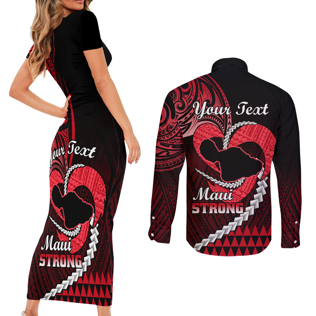 Personalised Hawaii Couples Matching Short Sleeve Bodycon Dress and Long Sleeve Button Shirts Maui Be Strong Kakau Red Version LT01 - Polynesian Pride