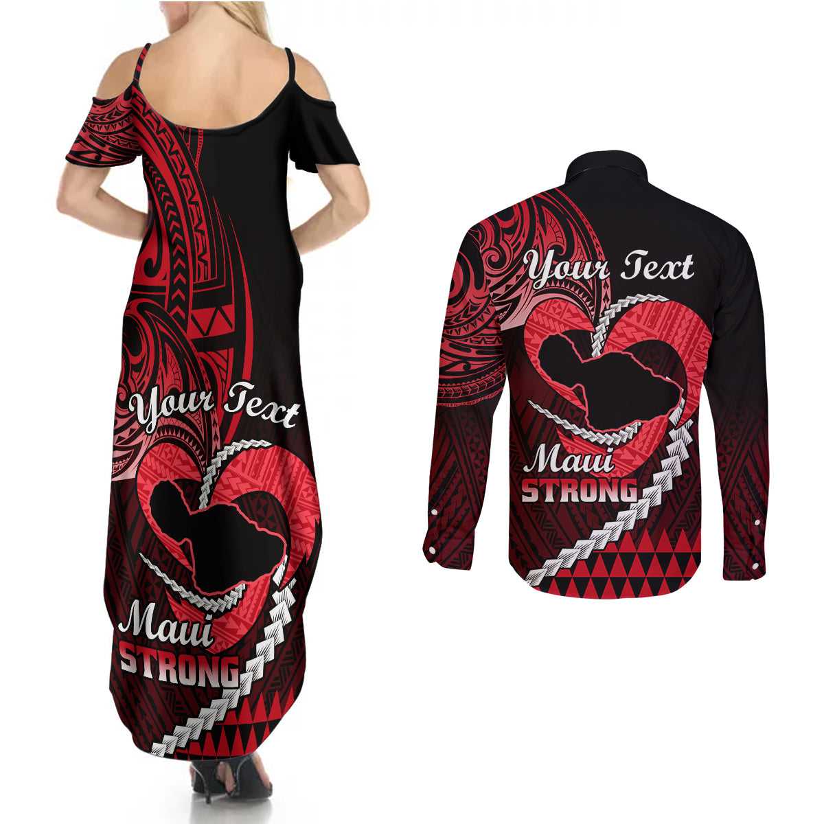 Personalised Hawaii Couples Matching Summer Maxi Dress and Long Sleeve Button Shirts Maui Be Strong Kakau Red Version LT01 - Polynesian Pride