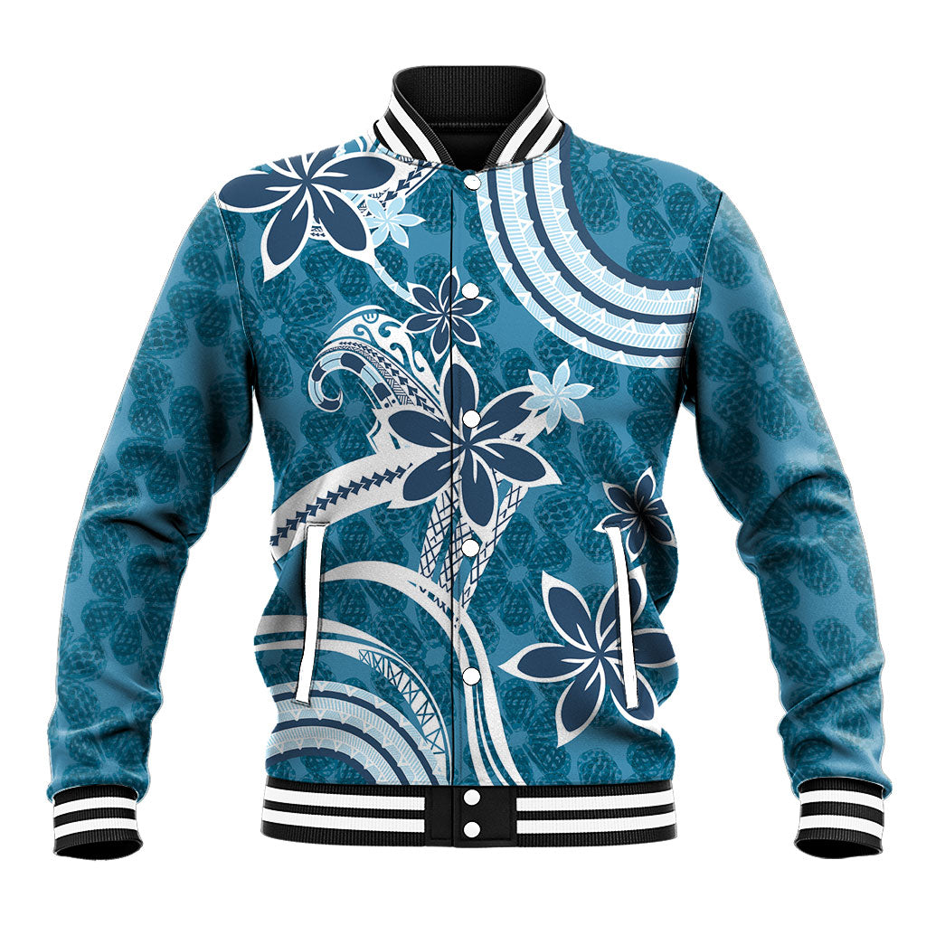 Hawaii Pupuala Plumeria Blue Baseball Jacket Polynesian Pattern LT01 Unisex Blue - Polynesian Pride