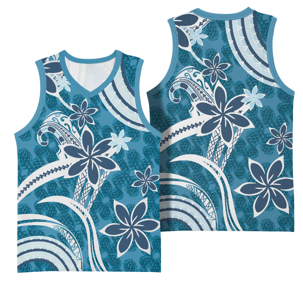 Hawaii Pupuala Plumeria Blue Basketball Jersey Polynesian Pattern LT01 - Polynesian Pride