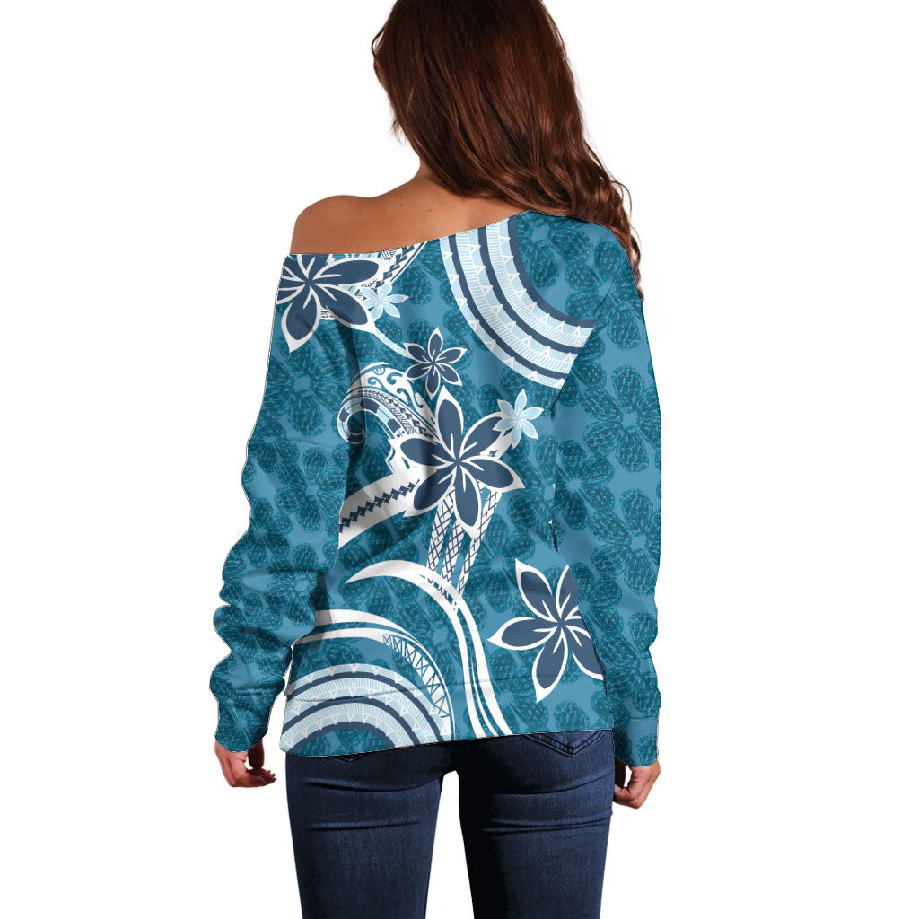 Hawaii Pupuala Plumeria Blue Off Shoulder Sweater Polynesian Pattern LT01 - Polynesian Pride