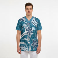 Hawaii Pupuala Plumeria Blue Scrub Top Polynesian Pattern LT01 - Polynesian Pride