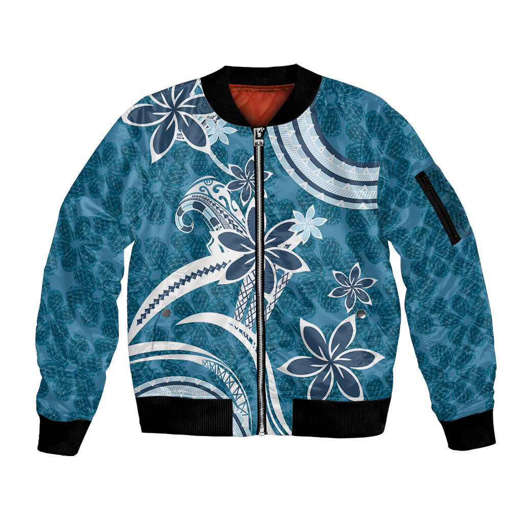 Hawaii Pupuala Plumeria Blue Sleeve Zip Bomber Jacket Polynesian Pattern LT01 Unisex Blue - Polynesian Pride