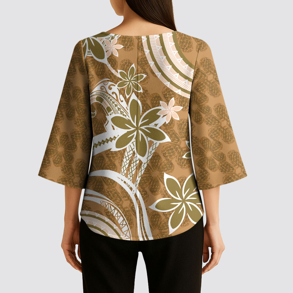 Hawaii Pupuala Plumeria Light Brown Kimono Sleeve Blouse Polynesian Pattern LT01 - Polynesian Pride