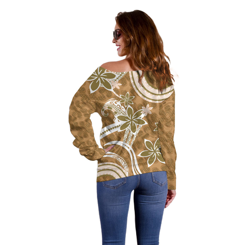 Hawaii Pupuala Plumeria Light Brown Off Shoulder Sweater Polynesian Pattern LT01 - Polynesian Pride