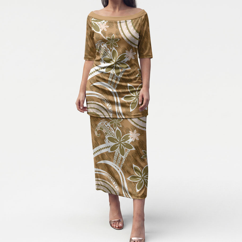 Hawaii Pupuala Plumeria Light Brown Puletasi Polynesian Pattern LT01 Long Dress Light Brown - Polynesian Pride