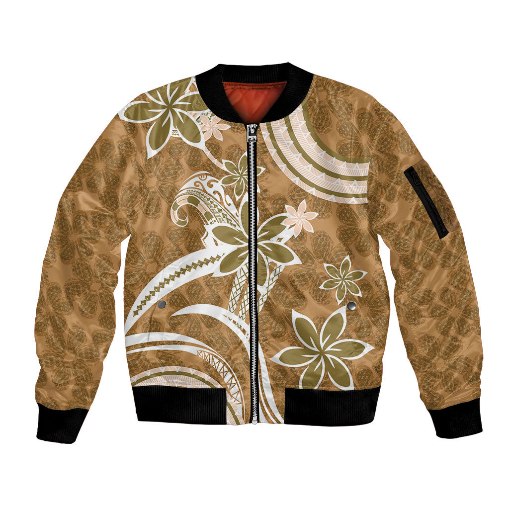 Hawaii Pupuala Plumeria Light Brown Sleeve Zip Bomber Jacket Polynesian Pattern LT01 Unisex Light Brown - Polynesian Pride