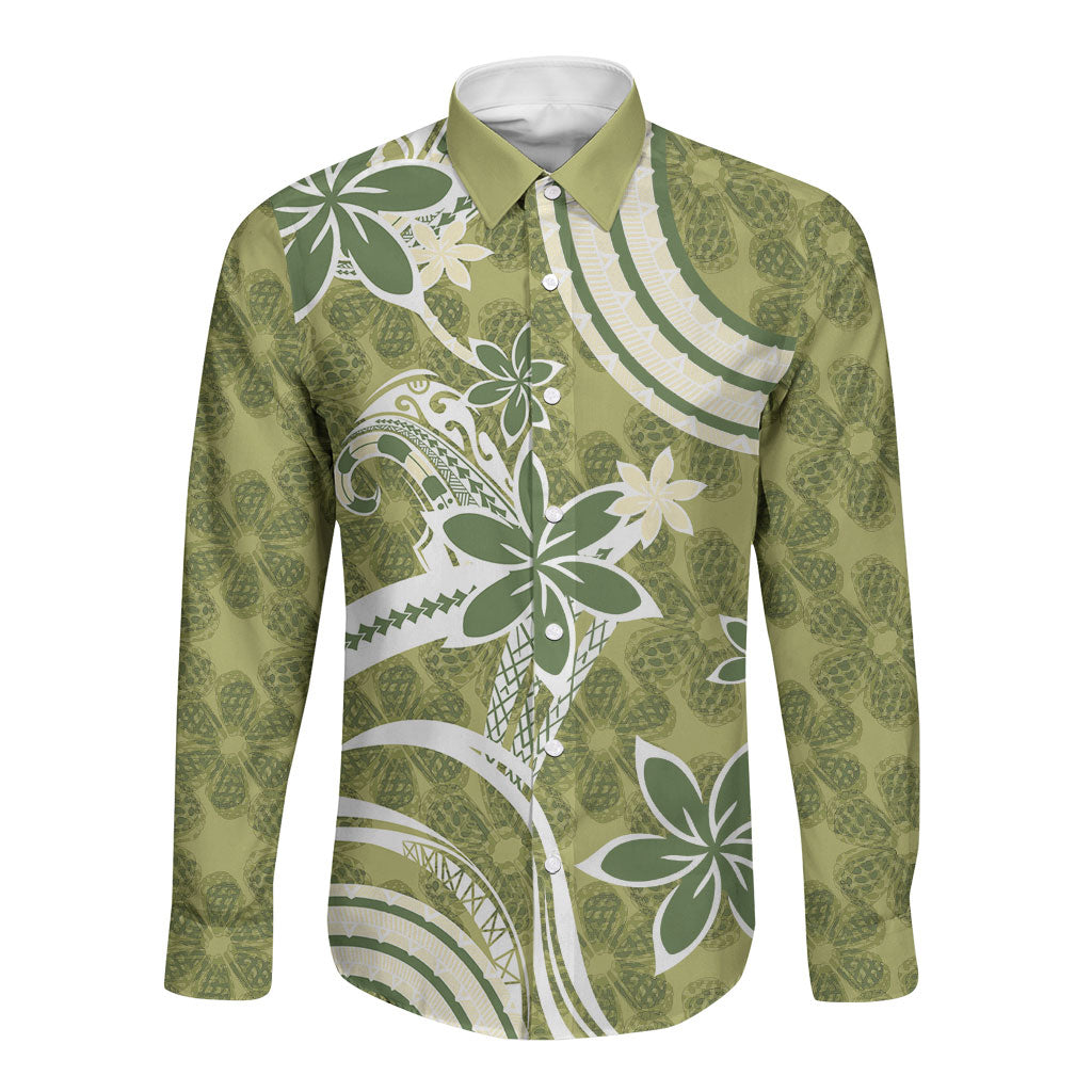 Hawaii Pupuala Plumeria Olive Green Long Sleeve Button Shirt Polynesian Pattern LT01 Unisex Olive Green - Polynesian Pride