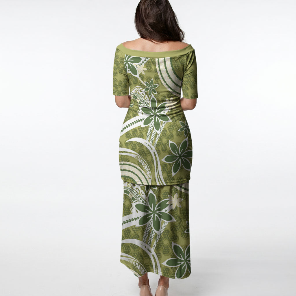 Hawaii Pupuala Plumeria Olive Green Puletasi Polynesian Pattern LT01 - Polynesian Pride