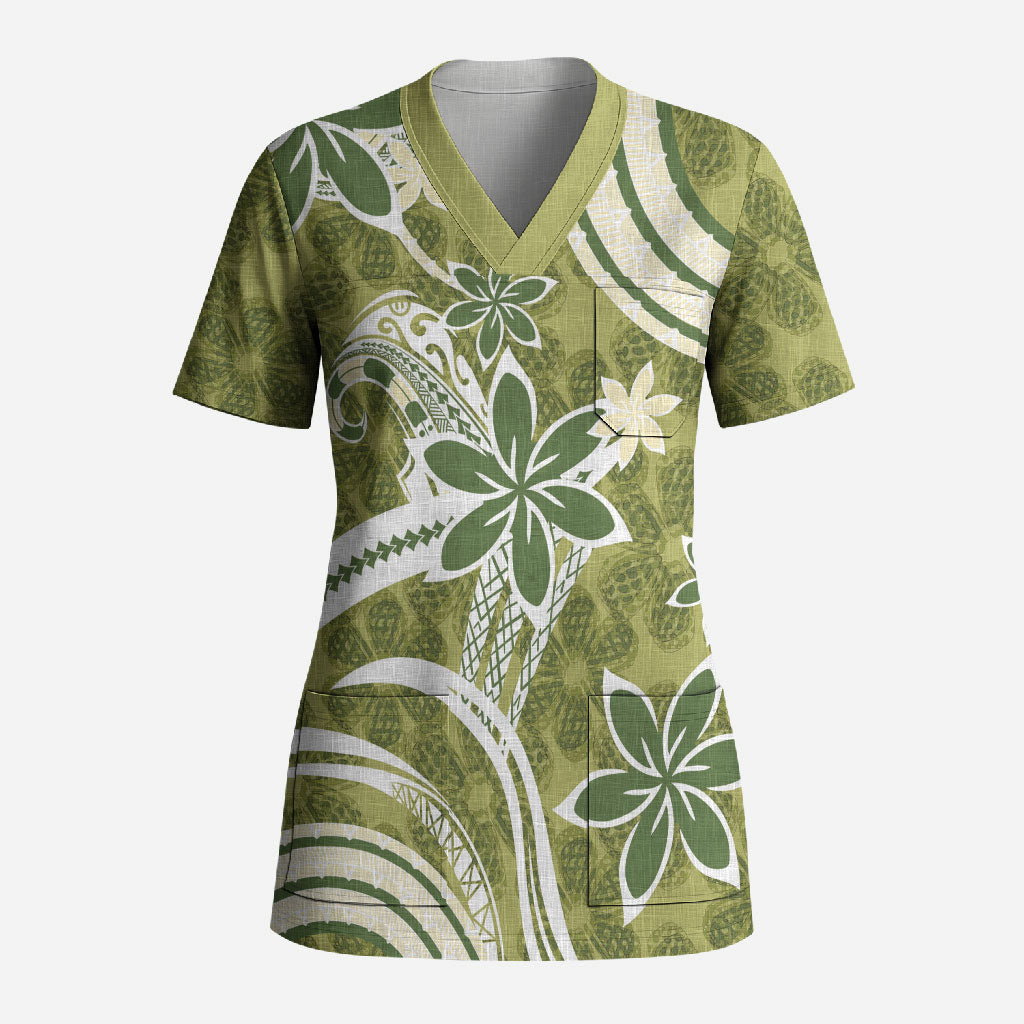 Hawaii Pupuala Plumeria Olive Green Scrub Top Polynesian Pattern LT01 Adult Olive Green - Polynesian Pride