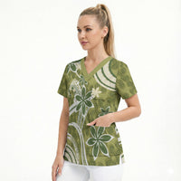 Hawaii Pupuala Plumeria Olive Green Scrub Top Polynesian Pattern LT01 - Polynesian Pride