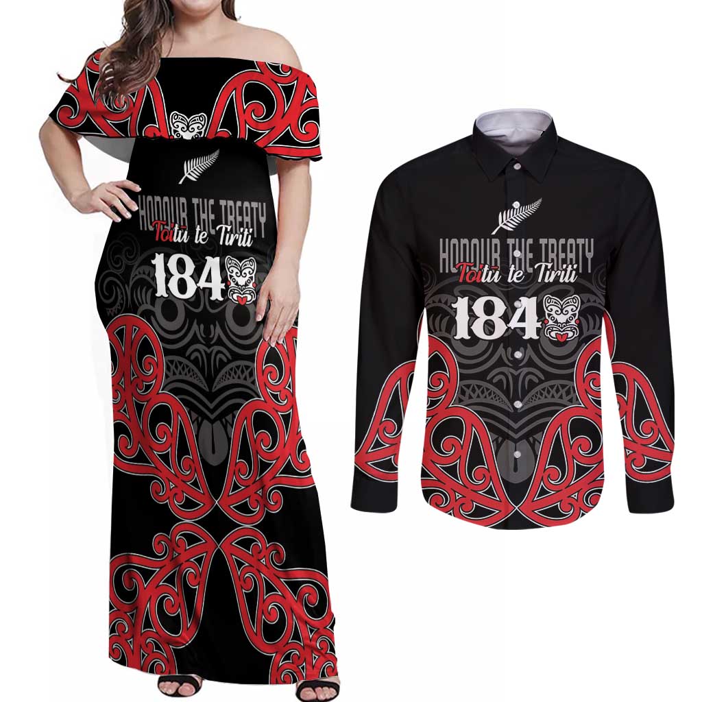 Toitu Te Tiriti 1840 Aotearoa Couples Matching Off Shoulder Maxi Dress and Long Sleeve Button Shirt Stand Together Stand Stronger