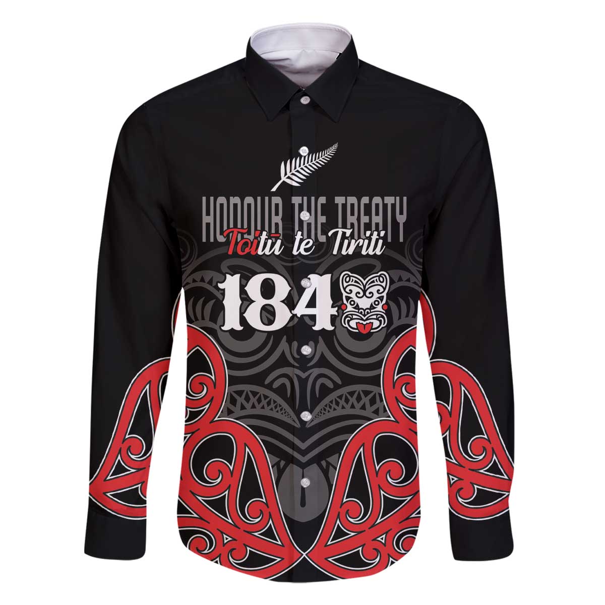 Toitu Te Tiriti 1840 Aotearoa Family Matching Off The Shoulder Long Sleeve Dress and Hawaiian Shirt Stand Together Stand Stronger LT01 Dad's Shirt - Long Sleeve Black - Polynesian Pride