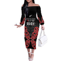 Toitu Te Tiriti 1840 Aotearoa Family Matching Off The Shoulder Long Sleeve Dress and Hawaiian Shirt Stand Together Stand Stronger LT01 Mom's Dress Black - Polynesian Pride