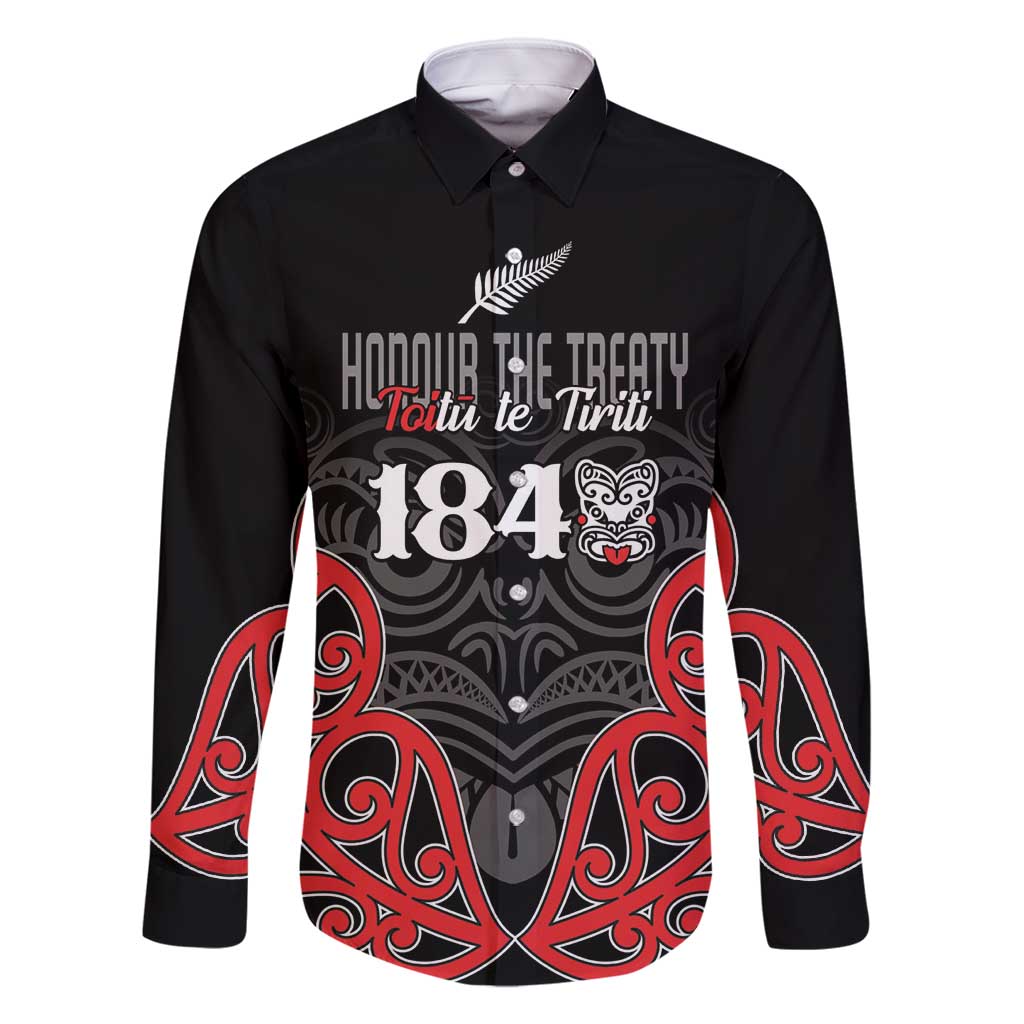 Toitu Te Tiriti 1840 Aotearoa Family Matching Off Shoulder Short Dress and Hawaiian Shirt Stand Together Stand Stronger LT01 Dad's Shirt - Long Sleeve Black - Polynesian Pride