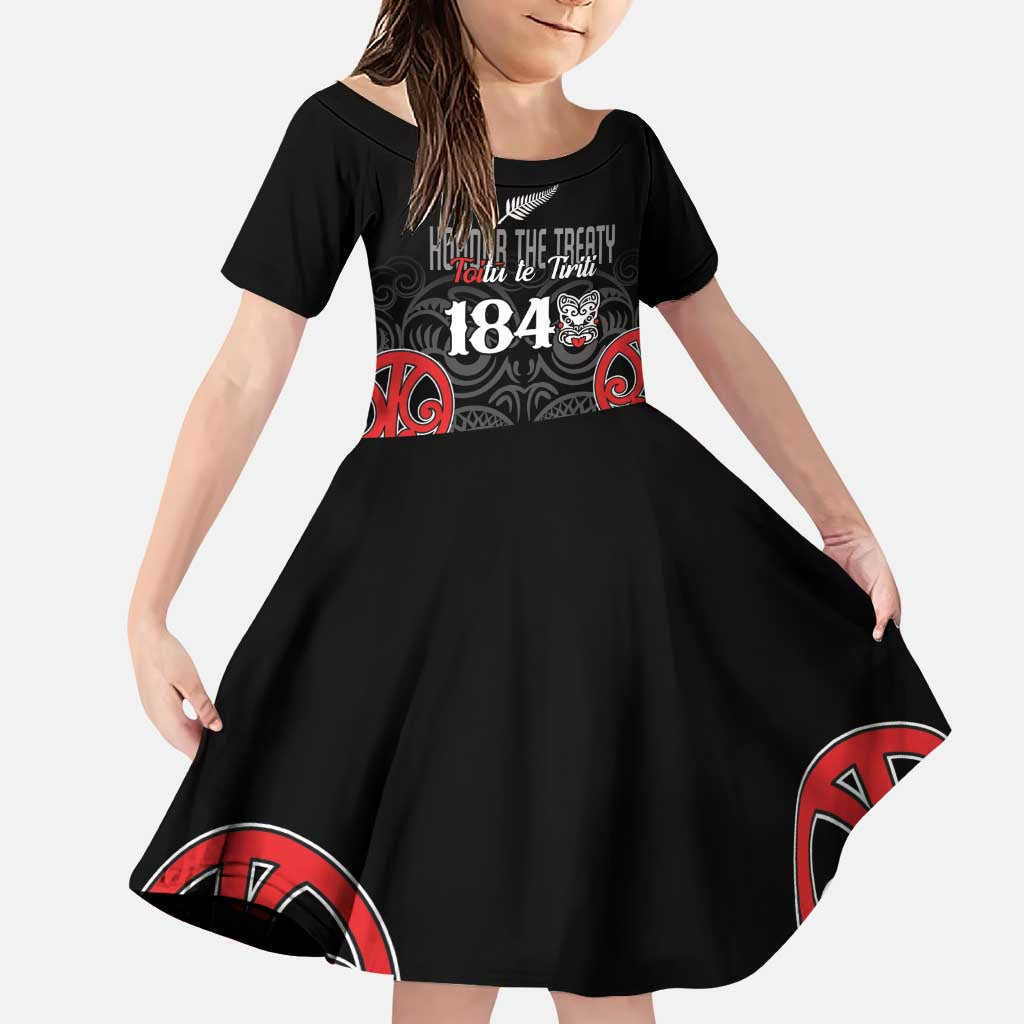 Toitu Te Tiriti 1840 Aotearoa Family Matching Puletasi and Hawaiian Shirt Stand Together Stand Stronger LT01 Daughter's Dress Black - Polynesian Pride