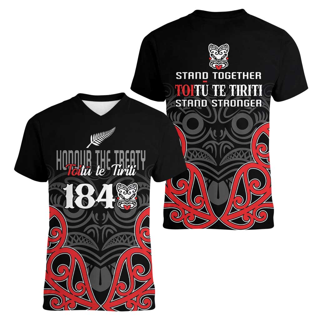 Toitu Te Tiriti 1840 Aotearoa Women V-Neck T-Shirt Stand Together Stand Stronger LT01 - Polynesian Pride