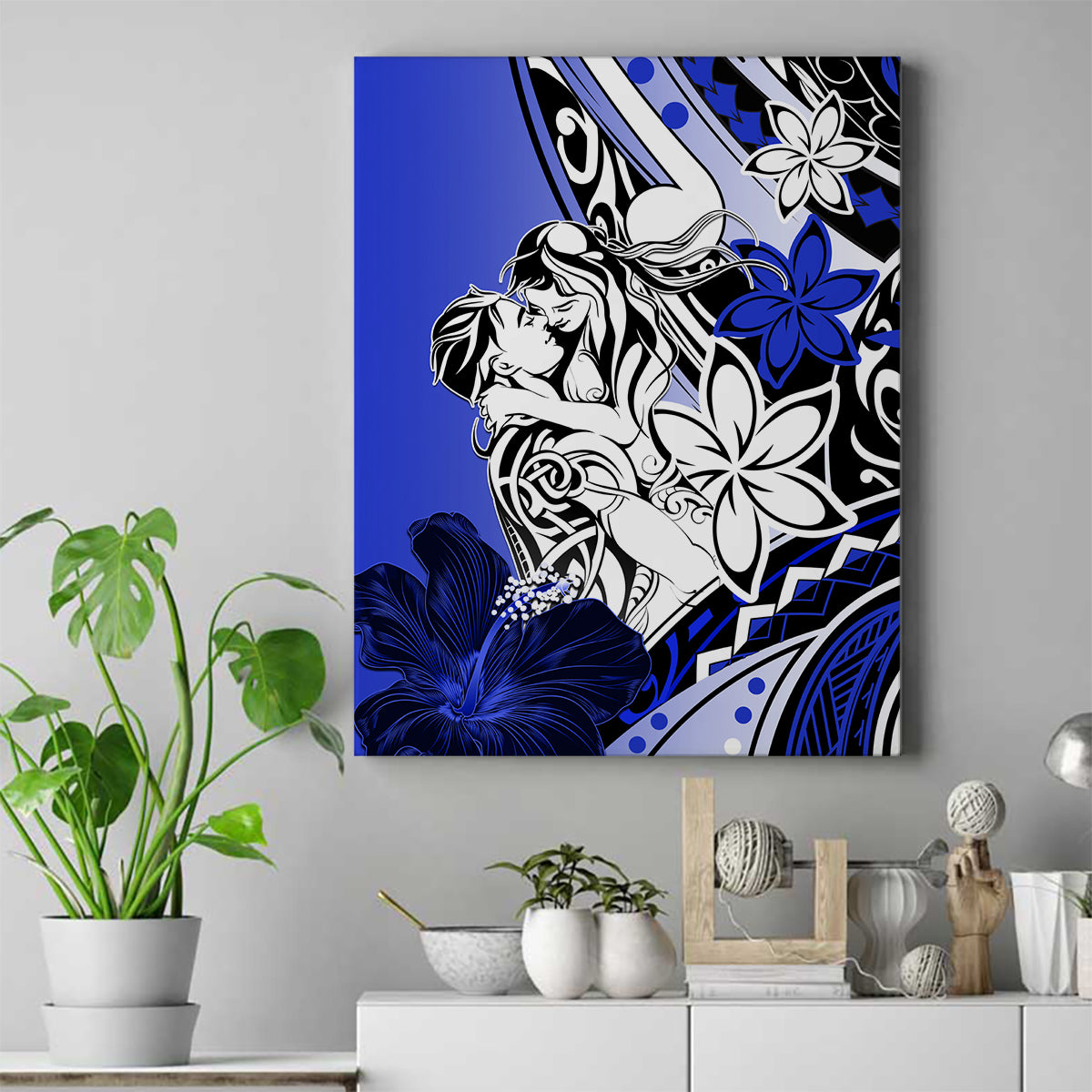 Polynesian Valentine Canvas Wall Art Couple Floral Unique Blue Version LT01 Blue - Polynesian Pride