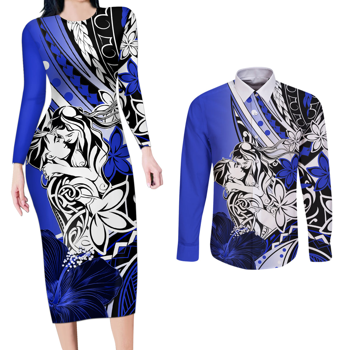 Polynesian Valentine Couples Matching Long Sleeve Bodycon Dress and Long Sleeve Button Shirt Couple Floral Unique Blue Version LT01 Blue - Polynesian Pride