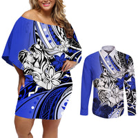 Polynesian Valentine Couples Matching Off Shoulder Short Dress and Long Sleeve Button Shirt Couple Floral Unique Blue Version LT01 Blue - Polynesian Pride