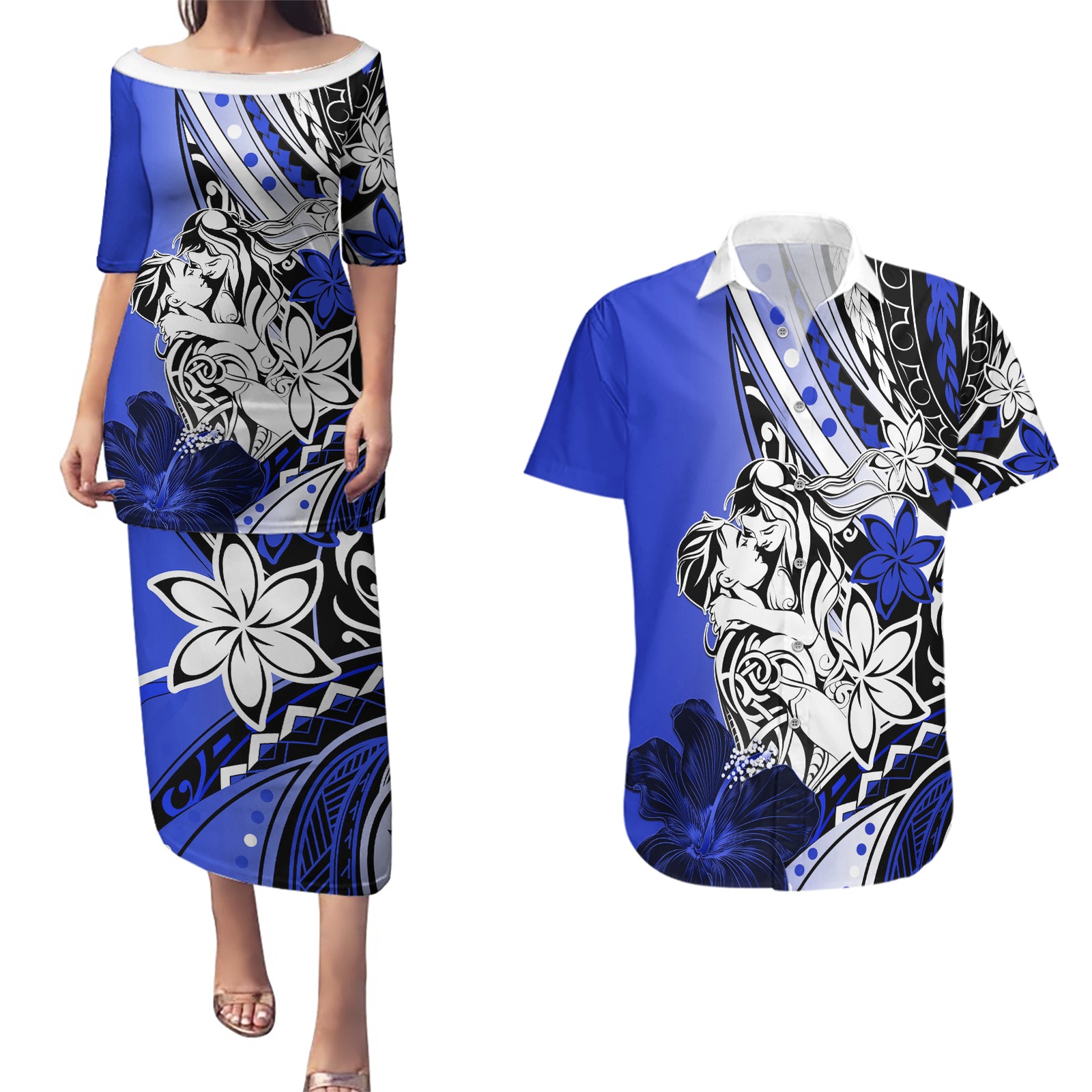 Polynesian Valentine Couples Matching Puletasi and Hawaiian Shirt Couple Floral Unique Blue Version LT01 Blue - Polynesian Pride