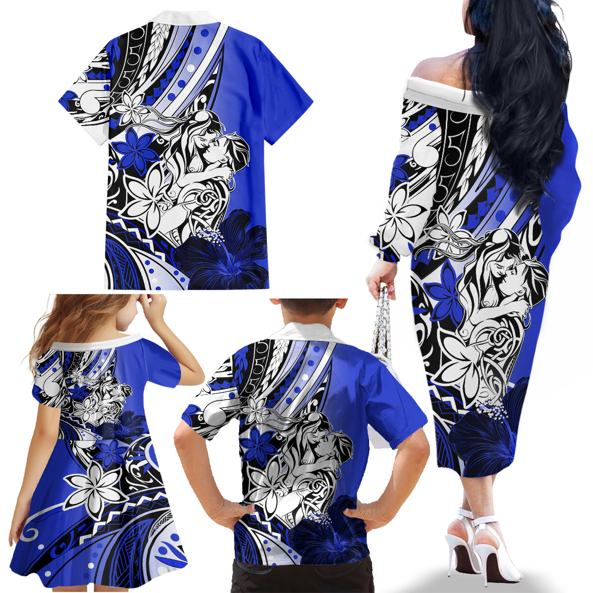 Polynesian Valentine Family Matching Off Shoulder Long Sleeve Dress and Hawaiian Shirt Couple Floral Unique Blue Version LT01 - Polynesian Pride