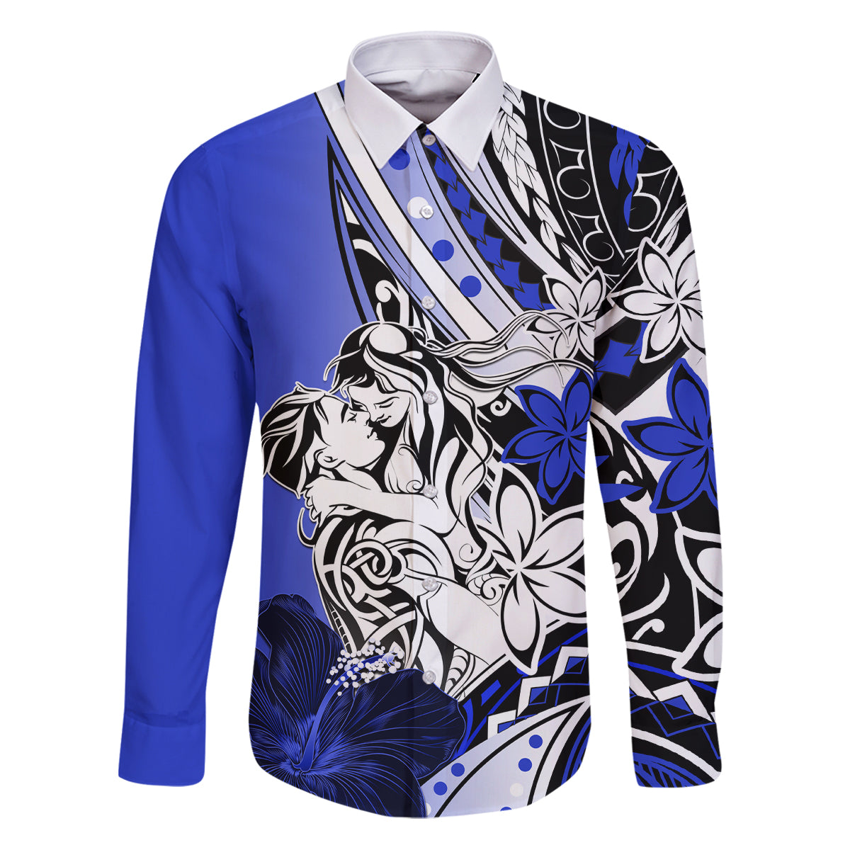 Polynesian Valentine Family Matching Puletasi and Hawaiian Shirt Couple Floral Unique Blue Version LT01 Dad's Shirt - Long Sleeve Blue - Polynesian Pride