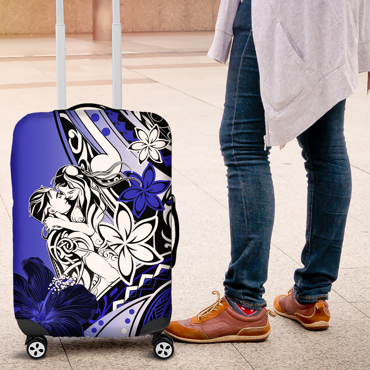 Polynesian Valentine Luggage Cover Couple Floral Unique Blue Version LT01 Blue - Polynesian Pride